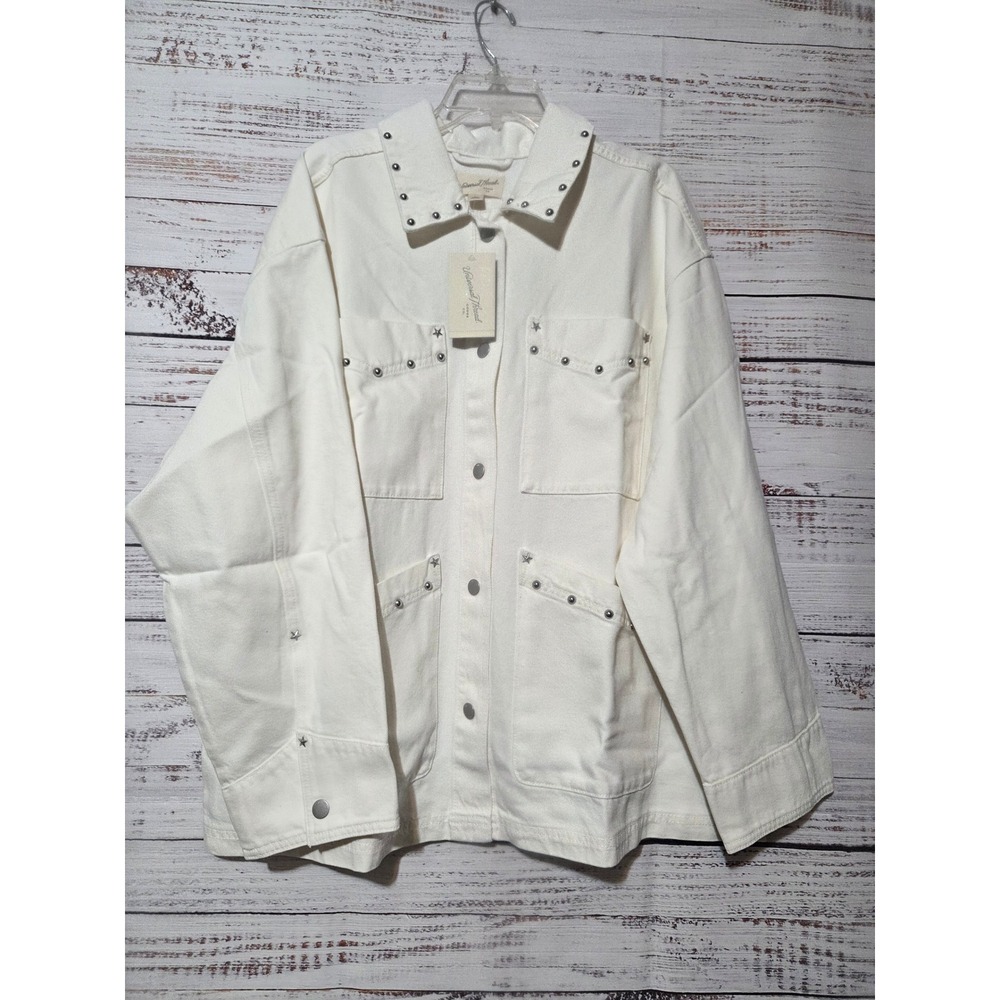 Universal Thread Womens XL White Studded Denim Utility Jacket Star Snap Closure